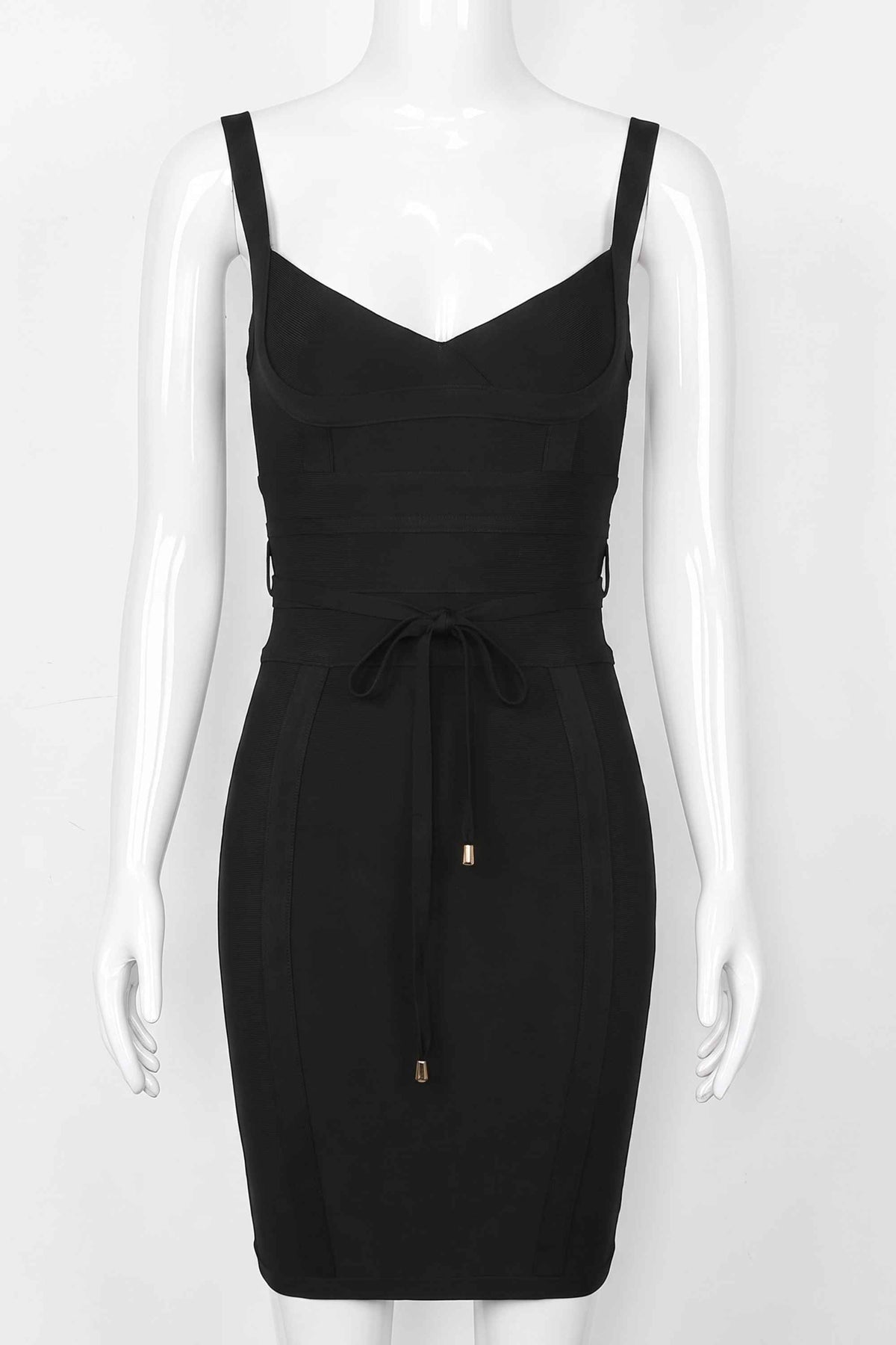 Woman wearing a figure flattering  Bek Bandage Dress - Classic Black Bodycon Collection